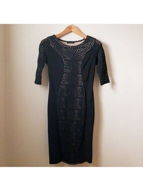 Nadya Toto Bodycon Dress Black Lace Knit Midi Length Womens Size Medium Stretchy